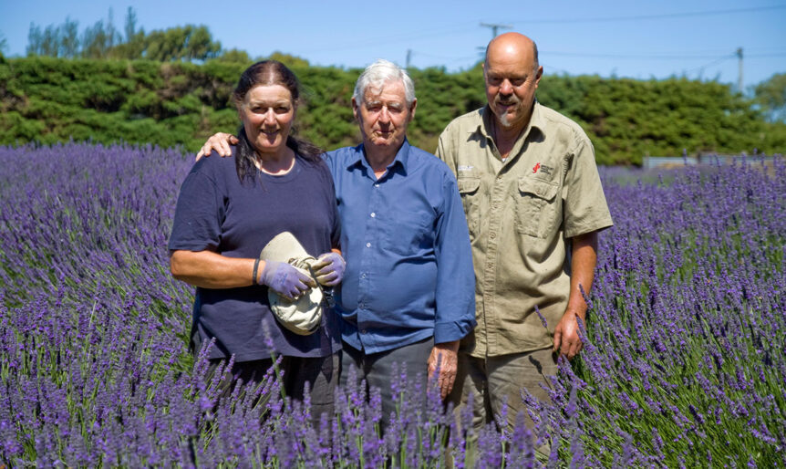 Business owners of Lavender Fields stand in field